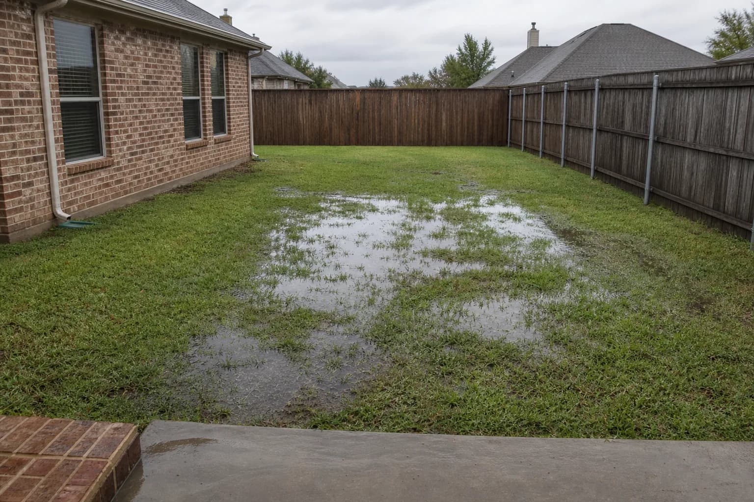 Shallow puddles across a flat lawn beside a brick home and wood privacy fence.
